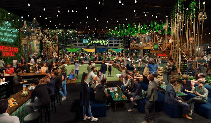 Ke’nekt created an indoor-outdoor adult playground with corn hole as the central attraction.